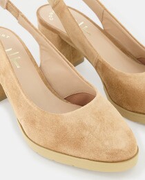 Women's slingback court shoes with a round toe and block heel