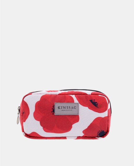 Small white toiletry bag with red floral print