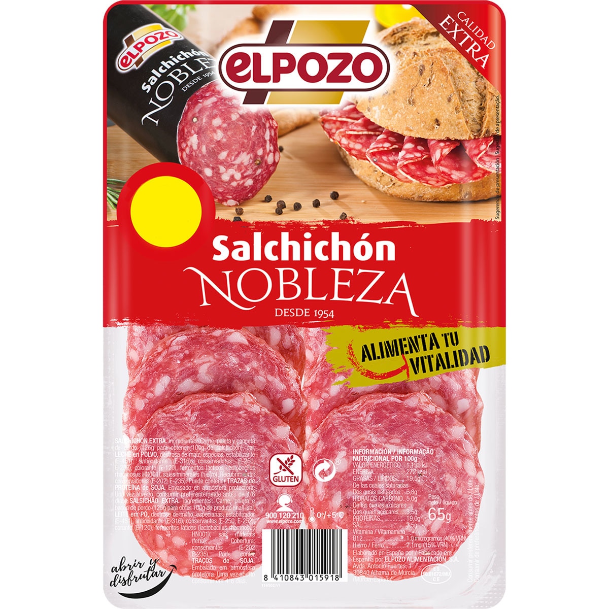 Nobleza salchichón extra en lonchas sin gluten envase 65 g - Elpozo