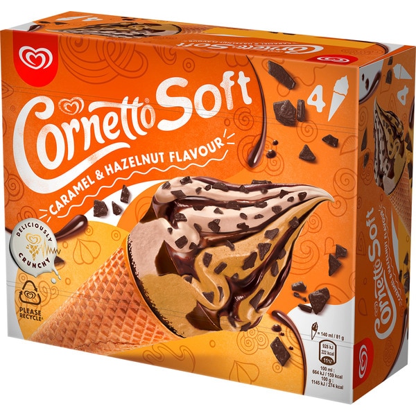 CORNETTO Soft helado sabor avellana y caramelo 4 unidades estuche 560 ml