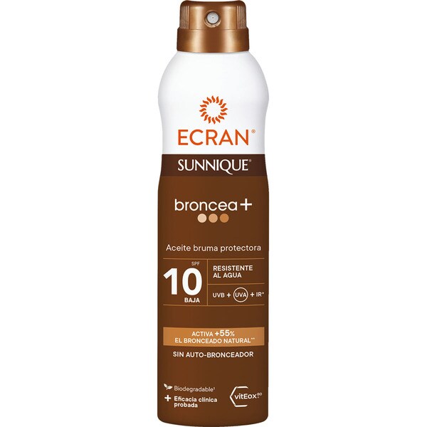 ECRAN Sunnique bronce+ aceite bruma protectora solar con vitEox SPF-10 spray 250 ml resistente al agua
