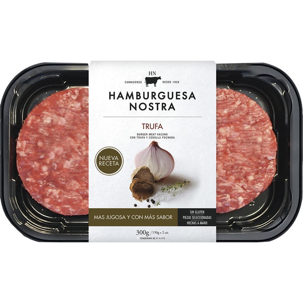 HAMBURGUESA NOSTRA Trufa burger meat con carne de vaca, trufa y cebolla pochada sin gluten 2 unidades bandeja 300 g