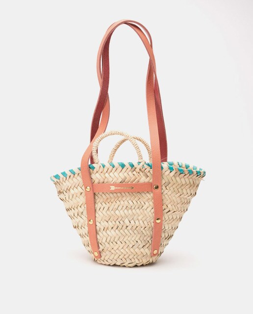 Small tan palm leaf and leather market tote with pink handles