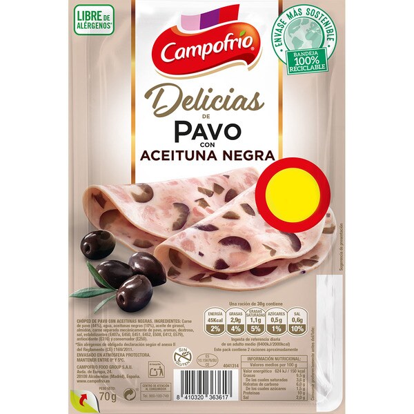 CAMPOFRIO delicias de pavo con aceituna negra en lonchas sin gluten sin lactosa envase 70 g