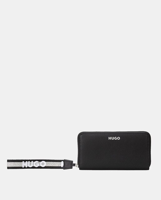 Grande pochette noire avec logo contrastant et anse courte