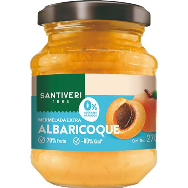 SANTIVERI mermelada extra de albaricoque 70% fruta y 0% azúcares añadidos frasco 270 g
