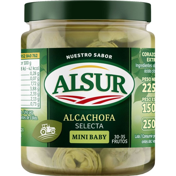 ALSUR corazones de alcachofa selecta 30-35 piezas frasco 150 g neto escurrido