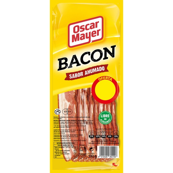 OSCAR MAYER bacon sabor ahumado en lonchas sin gluten sin lactosa envase 100 g