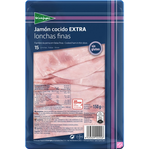 EL CORTE INGLES jamón cocido extra en lonchas finas sin gluten sin lactosa envase 150 g