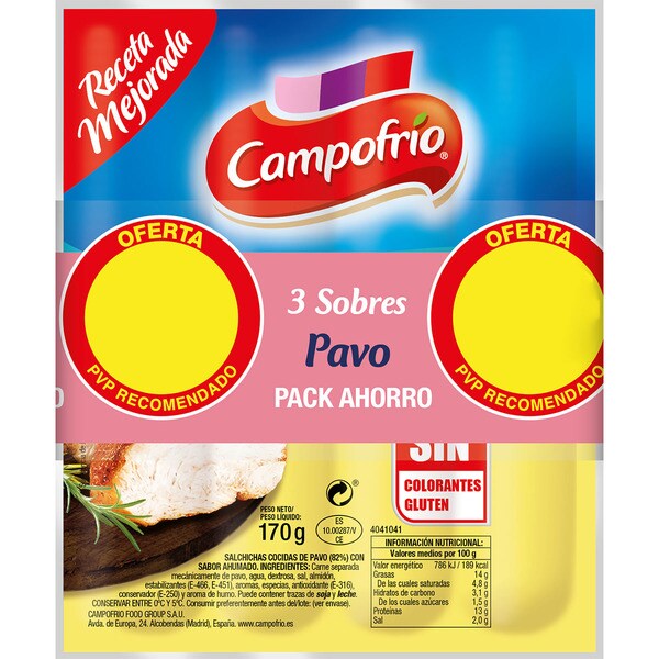 CAMPOFRIO salchichas cocidas de pavo sabor ahumado sin gluten pack 3 x 170 g envase 510 g