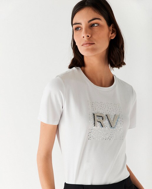 T-shirt femme manches courtes coton logo RV paillettes