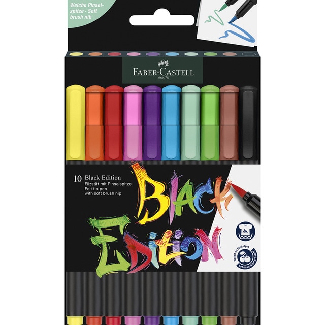 Estuche de cartón de 10 Rotulador Black Edition punta de pincel Faber-Castell.