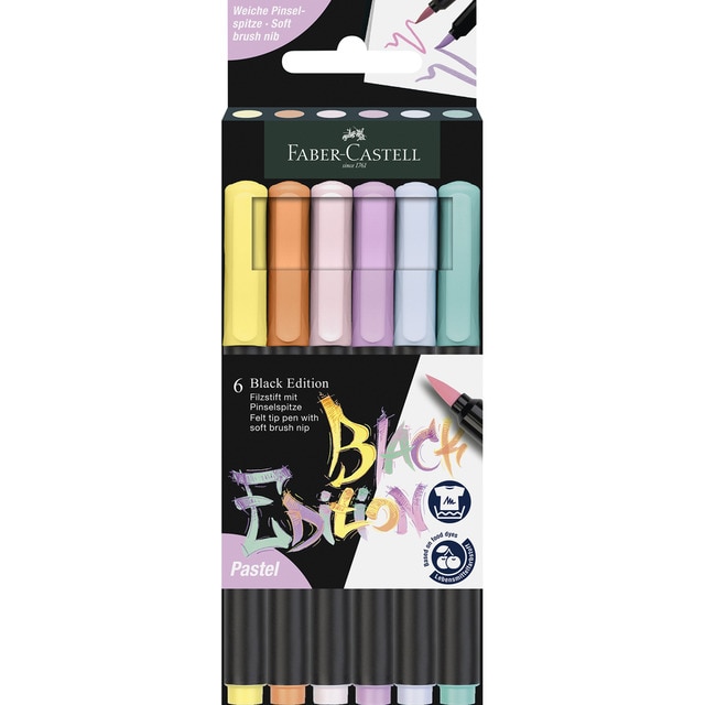Estuche de cartón de 6 Rotulador Black Edition punta de pincel Faber-Castell colores pastel.