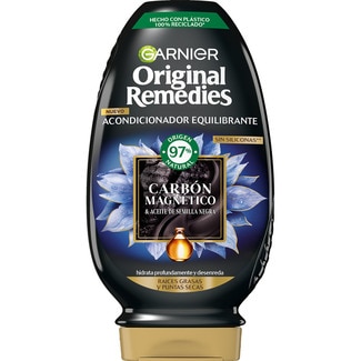 ORIGINAL REMEDIES acondicionador equilibrante Carbón Magnético con aceite de semilla negra sin siliconas frasco 250 ml para raices grasas y puntas secas