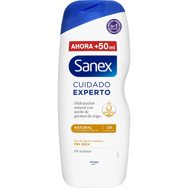 SANEX Cuidado Experto gel de ducha Natural con aceite de germen de trigo con prebiótico natural botella 600 ml para piel seca