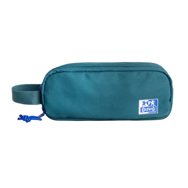 Estuche con 3 compartimentos malla interior asa y goma acoplable a cuadernos y carpetas fabricado con plástico reciclado b-smart Oxford aqua.