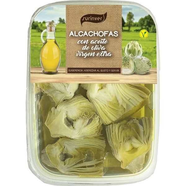 SURINVER alcachofas en mitades con aceite de oliva virgen extra aderezar al gusto y servir tarrina 150 g