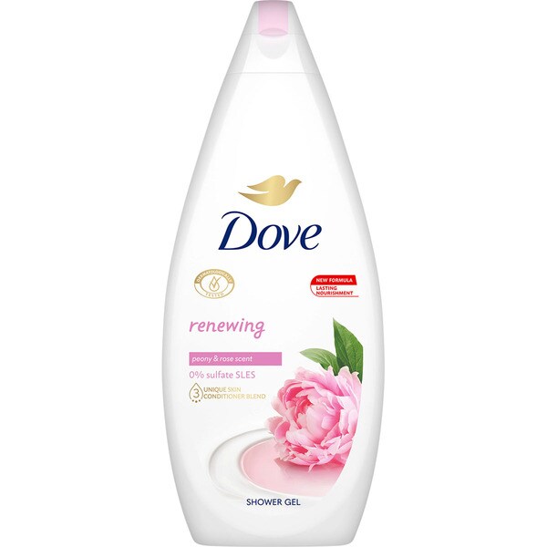 DOVE gel de ducha Renewing con aceite de peonía y rosa botella 720 ml 0% sulfatos