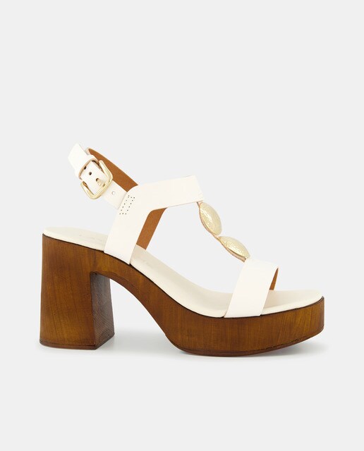 Women's leather high-heel platform sandals with decoration and block heel