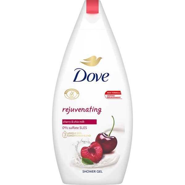 DOVE gel de baño Rejuvenating con cereza y leche de chía 0% sulfatos frasco 450 ml