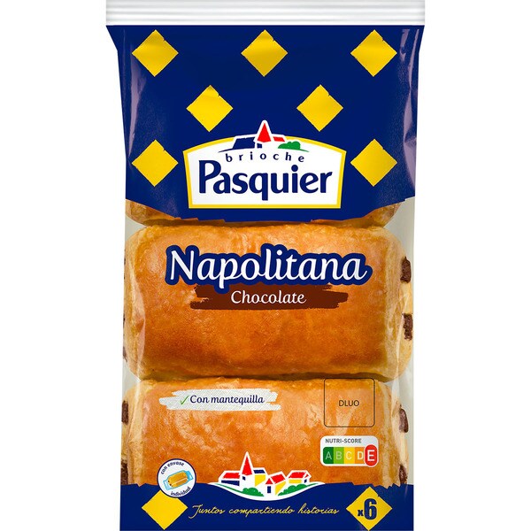 PASQUIER napolitanas de mantequilla rellenas de chocolate 6 unidades bolsa 270 g envasadas individualmente