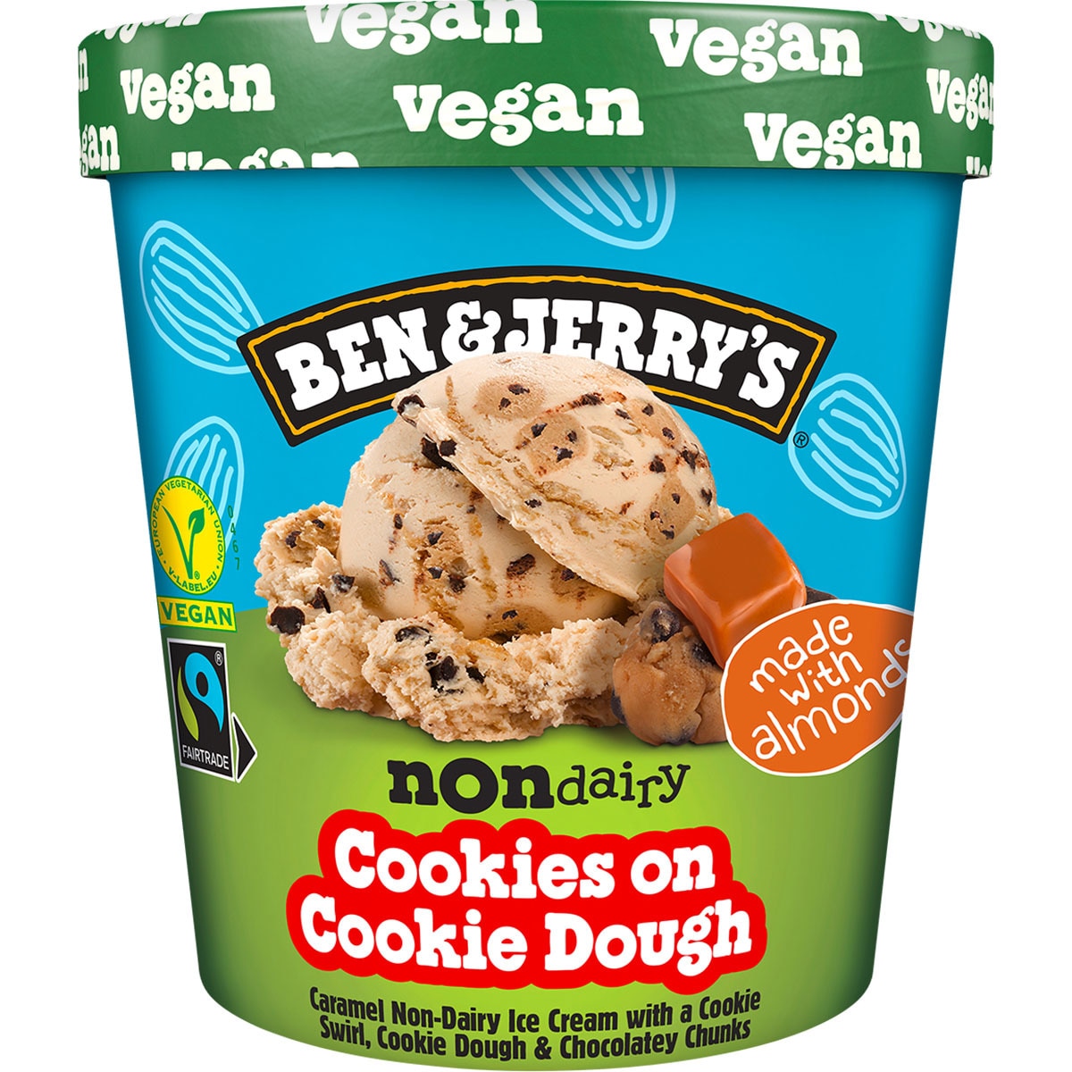 Non Dairy helado vegetal de caramelo con cookies y trocitos de chocolate