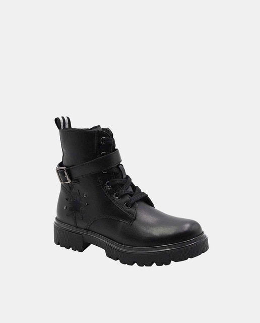 Botas de niña en piel con tira hebilla y cordones