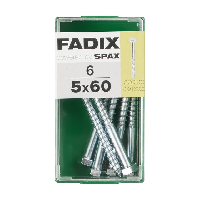 FADIX - Tornillo DIN 571 Cabeza Hexagonal y Rosca para Madera y Aglomerado Ø5 x 60 mm - Caja 6 Uds.