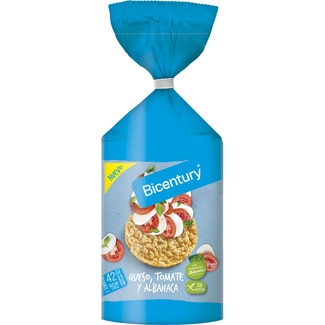 BICENTURY tortitas de máiz sabor a queso, tomate y albahaca sin gluten bolsa 123,5 g