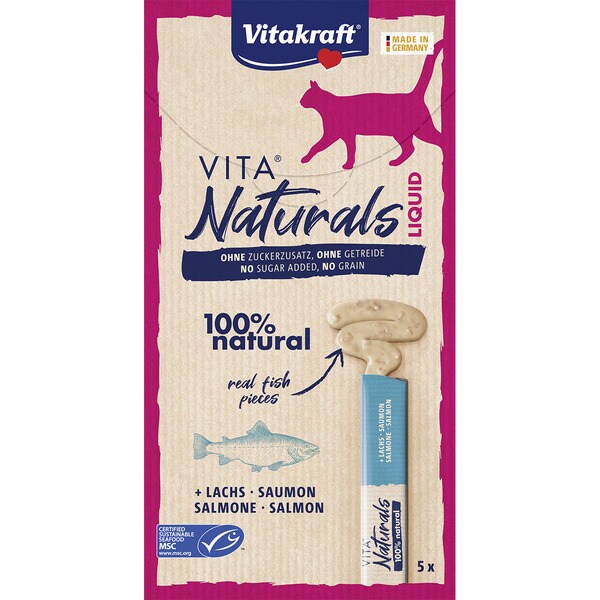 Vita Naturals Liquid Flüssigsnack für Katzen mit Lachs No Grain 5 Verpackungen 15 g