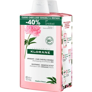 KLORANE beruhigendes Shampoo mit Pfingstrosenextrakt für gereizte und empfindliche Kopfhaut 400+400 ml