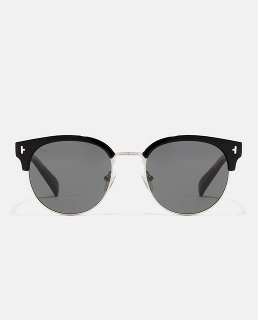 Gafas de sol unisex redondas de metal en negro con lentes polarizadas