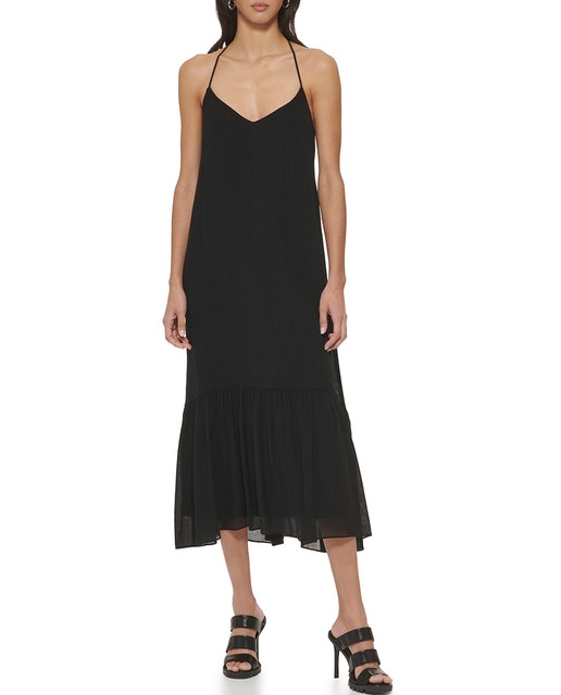 Vestido de mujer midi con cuello pico y tirantes