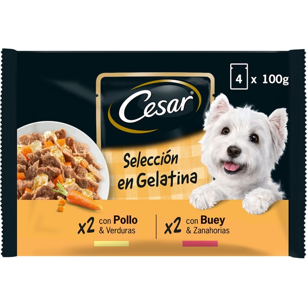 Delights selection of wet dog food with chicken and carrots in jelly 2-pack bags 100 g with delicate ox and vegetables 2 x 100 g bags