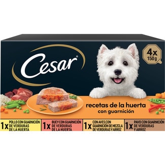 CESAR Recetas de la Huerta comida húmeda para perros pack con pollo tarrina 150 g con buey tarrina 150 g con aves tarrina 150 g con pavo tarrina 150 g