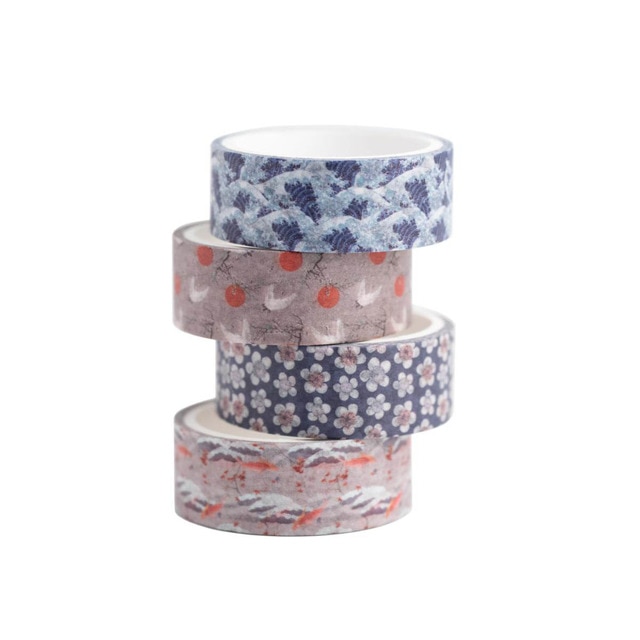 Set 4 washi tape Hokusai Kokonote azul y gris.