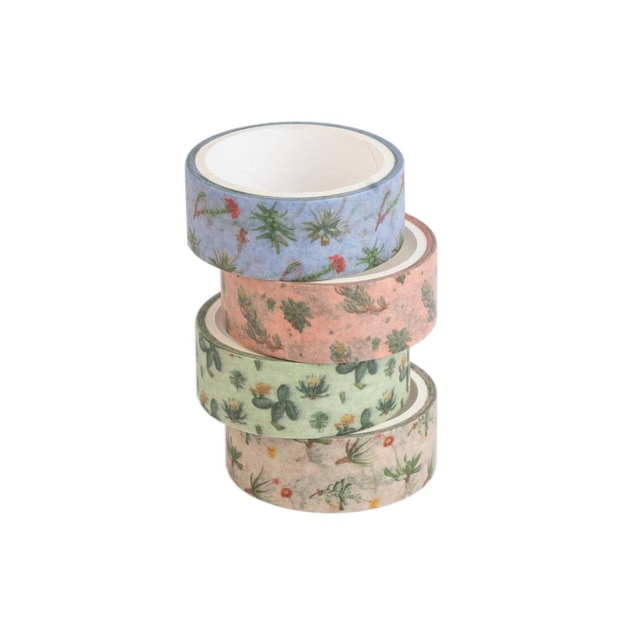 Set 4 washi tape Botanical Cacti Kokonote verde y beige.