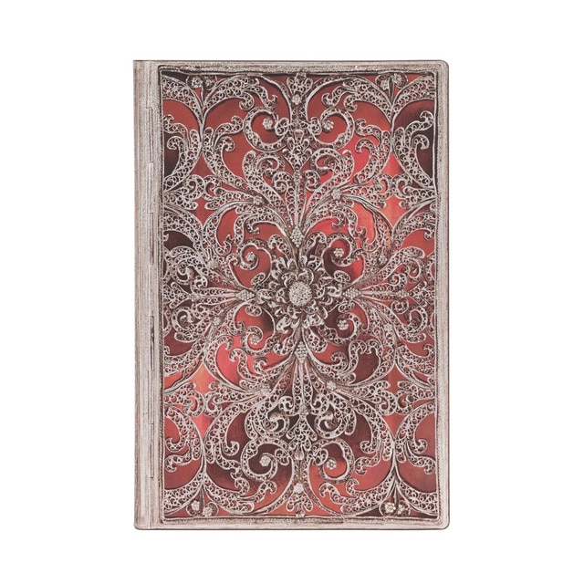 Libreta Flexi granate Mini (95x140x18mm) rayada de 208 páginas Paperblanks granate y plateado.