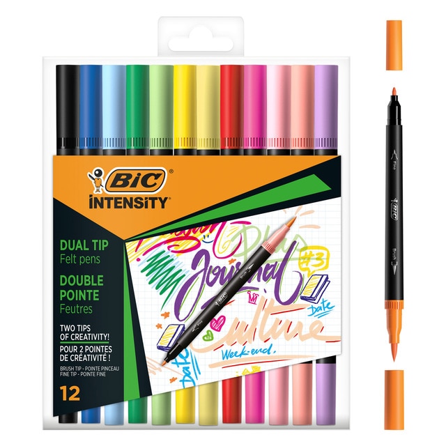 12 Rotuladores de Lettering colores pastel y classic, de doble punta fina y pincel BIC Intensity.