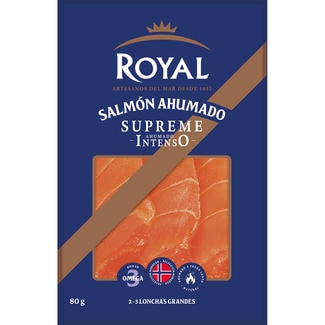ROYAL salmón ahumado noruego Supreme intenso en lonchas grandes envase 80 g