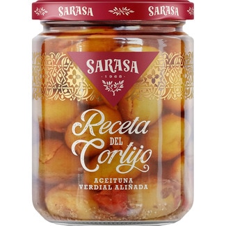 SARASA La receta del Cortijo verdial olives with stone, garlic and red peppers flask 240 drained weight g