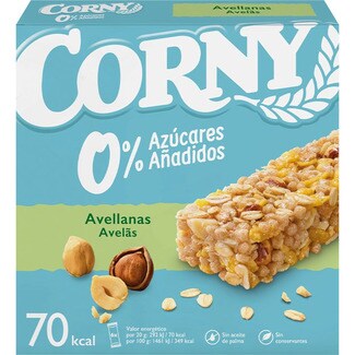 CORNY barritas de cereales con avellanas 0% azúcares añadidos sin aceite de palma 6 unidades estuche 150 g