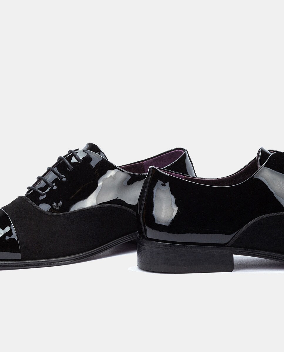 Sapatos de Atacadores Charlestown com Biqueira Direita e em Verniz e Camurça Preto-5