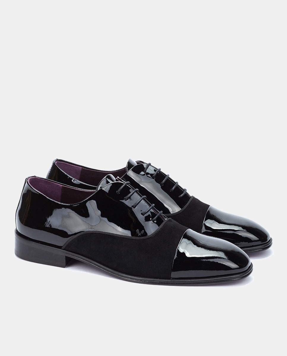 Sapatos de Atacadores Charlestown com Biqueira Direita e em Verniz e Camurça Preto-3