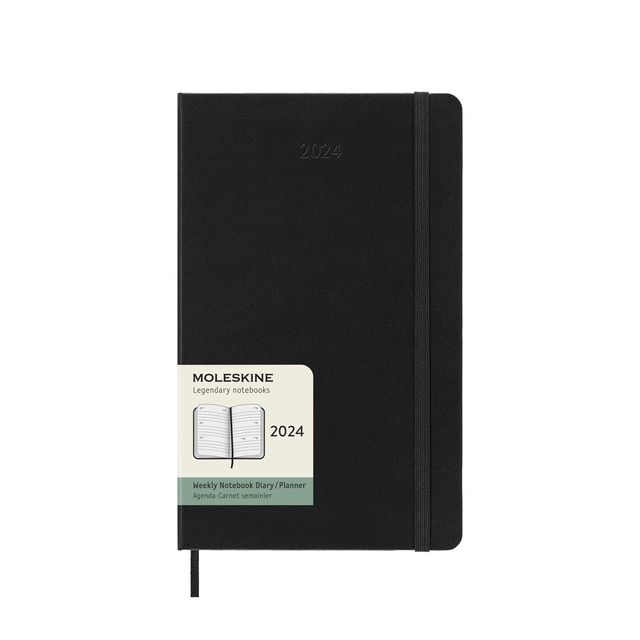 Agenda large 2024 semana vista horizontal tapa dura Moleskine negro inglés.