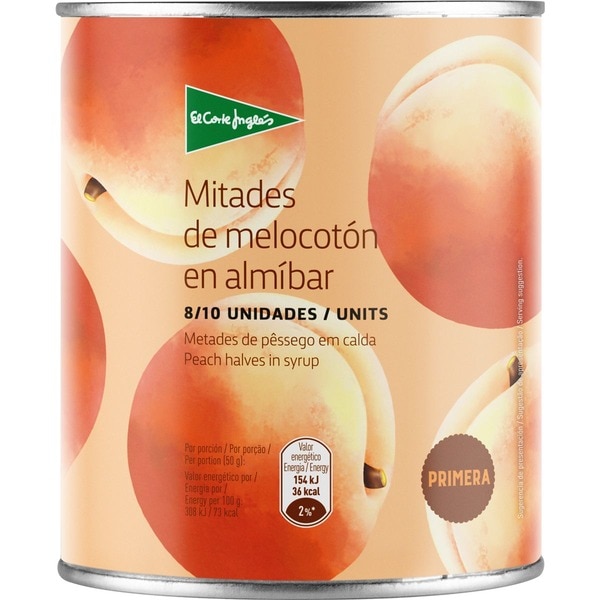 melocotón en almíbar en mitades 8-10 piezas lata 480 g neto escurrido