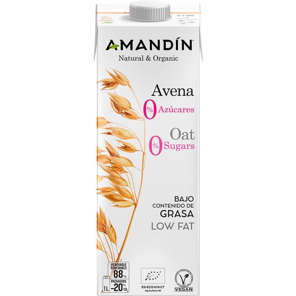 AMANDIN bebida de avena ecológica sin lactosa y sin azúcares añadidos brik 1 l