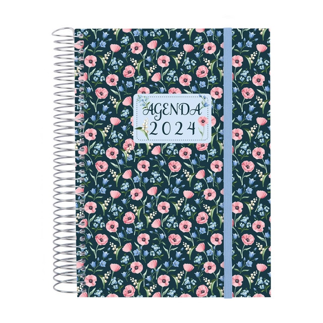 Agenda espiral año 2024 1/4 - 155x212 semana vista horizontal Finocam rosa.