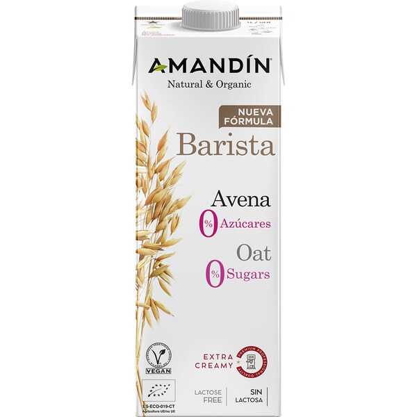 AMANDIN bebida barista de avena ecológica extra cremosa 0% azúcares sin lactosa brik 1 l