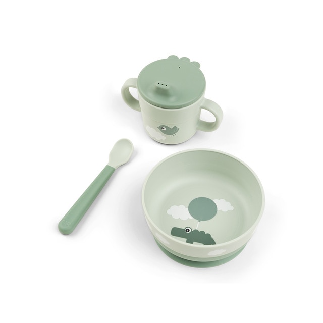 Set mi primera vajilla Done by Deer con bowl c/ventosa, taza aprendizaje y cuchara.